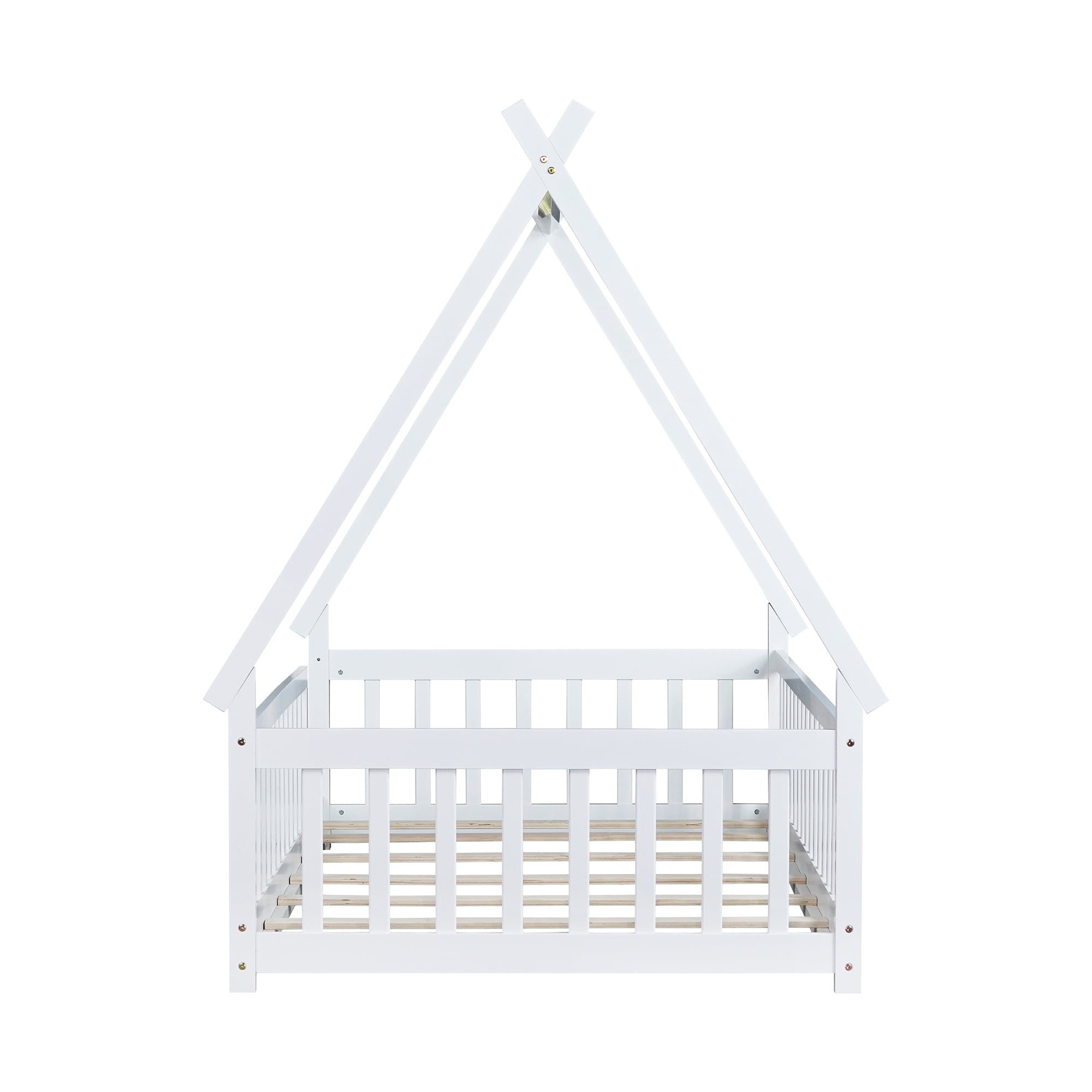 Miniyam Twin Size Floor Bed for Kids with Tent House Frame, Montessori Low Bed with Guardrails, White