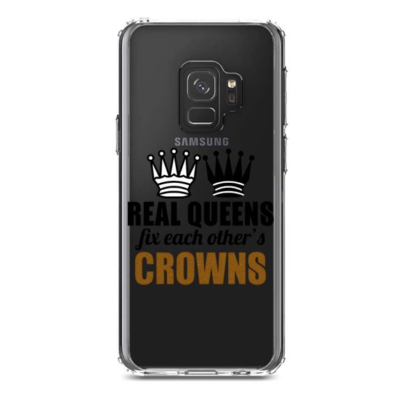 DistinctInk Clear Shockproof Hybrid Case for Samsung Galaxy S9 (5.8" Screen) - TPU Bumper Acrylic Back Tempered Glass Screen Protector - Real Queens Fix Each Other's Crowns