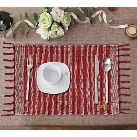 

Cotton Placemats Woven Fabric for Dining Room Rectangle 14 x20 | Heat Resistant | Washable | Durable with Tassel (Set of 4)