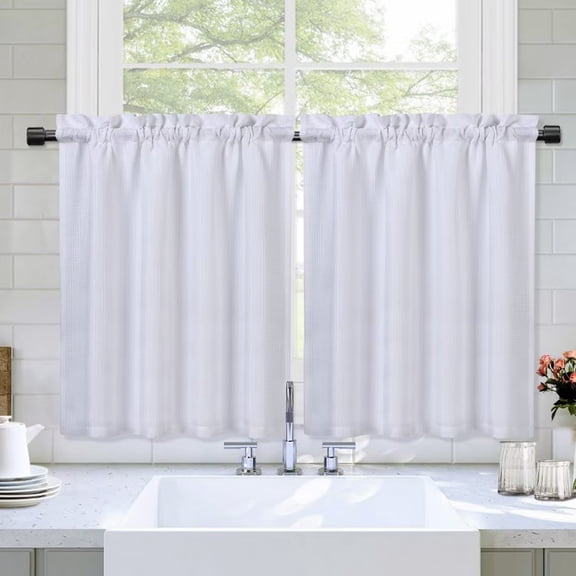 Haperlare Kitchen Curtain 30"W x 24"L Waffle Woven Textured Light Filtering Tier Curtains for Bathroom Cafe, White, 2 Panels