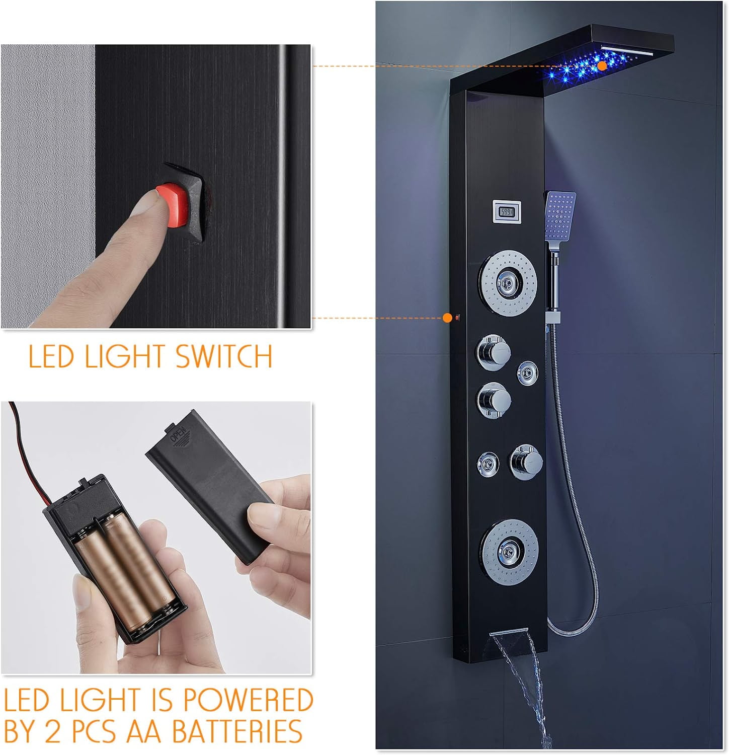 Zovajonia LED Shower Panel Tower System, Multi-Functions Shower Tower, Waterfall Showerhead, Shower Jets, Stainless Steel Rain Shower System Oil Rubbed Bronze