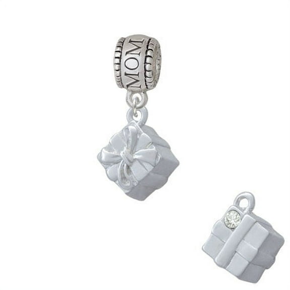 3-D Present Box with Bow and Crystal - Mom Charm Bead