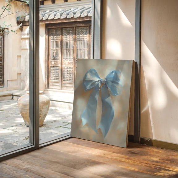 Velto Blue Ribbon Canvas Art - Vintage Bow Wall Decor, Elegant Pastel Art for Nursery or Bedroom, SIZE 8x10 INCLUDE Pine Wood Frame 1.25-Inch