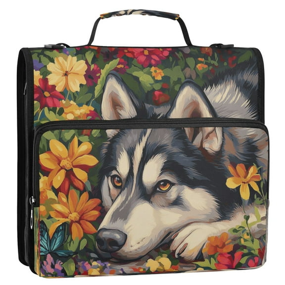 Circular Folder Package 13.6*3.5*12.4 Inches ,Binder Bag，Binder Organizer，Zipper Binder，3 Ring Binder ,Suitable for Work Husky Flowers