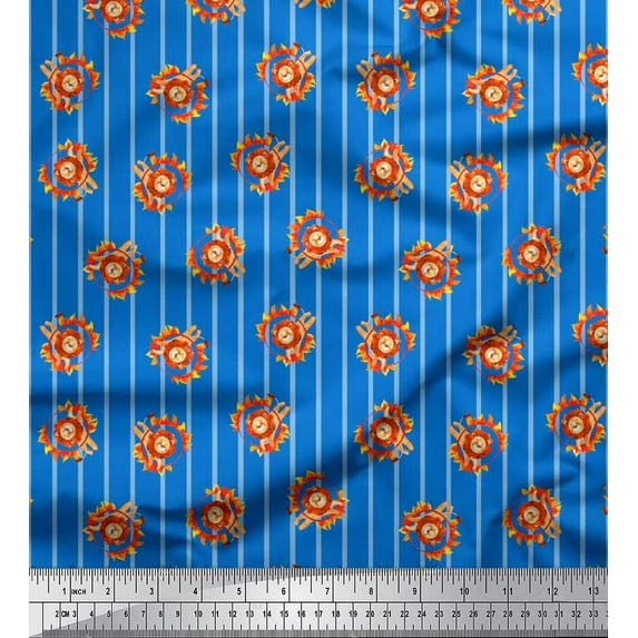 Soimoi Blue Poly Georgette Fabric Stripe,Fire Ring & Lion Cartoon Print Fabric by The Yard 52 Inch Wide