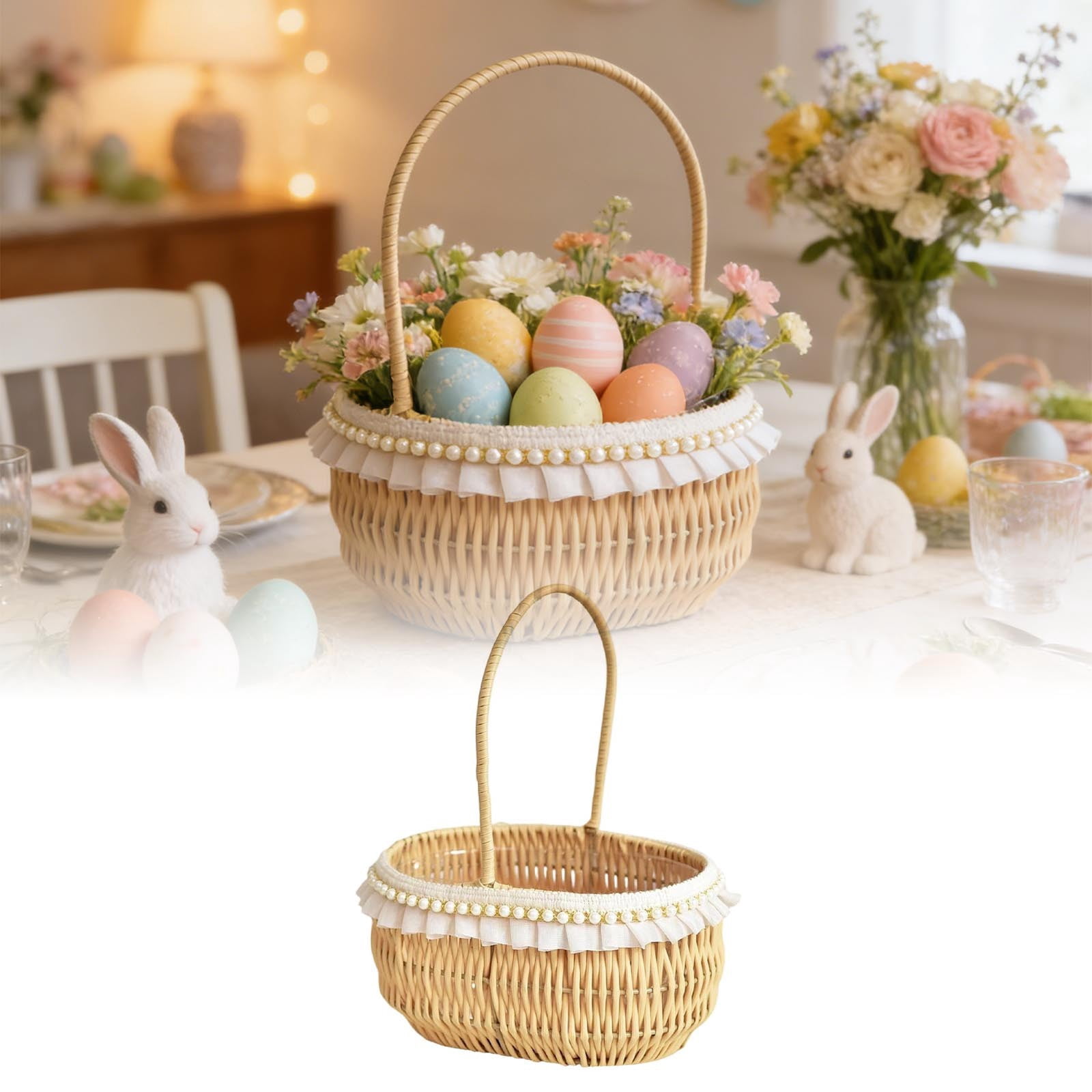 Pearl & Lace Trim Wicker Easter Basket - Handwoven Egg Basket with Handle - Versatile Picnic and Floral Planter for Spring and Weddings