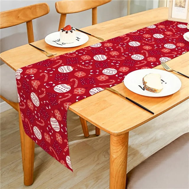 Christmas Forest Reindeers Ornaments Santa Dwarfs Red Table Runner for Home Dining Table Festival Party Decor Multiple Size