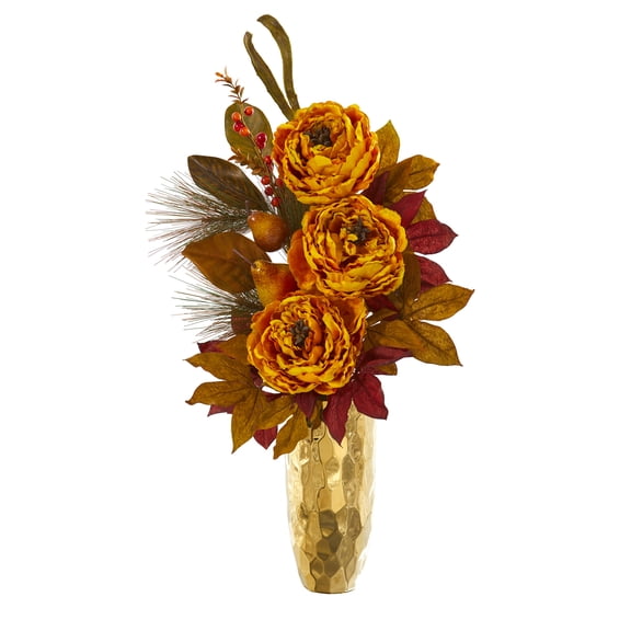 Nearly Natural 30in. Peony, Pear and Magnolia Leaf Artificial Arrangement in Gold Vase, Yellow