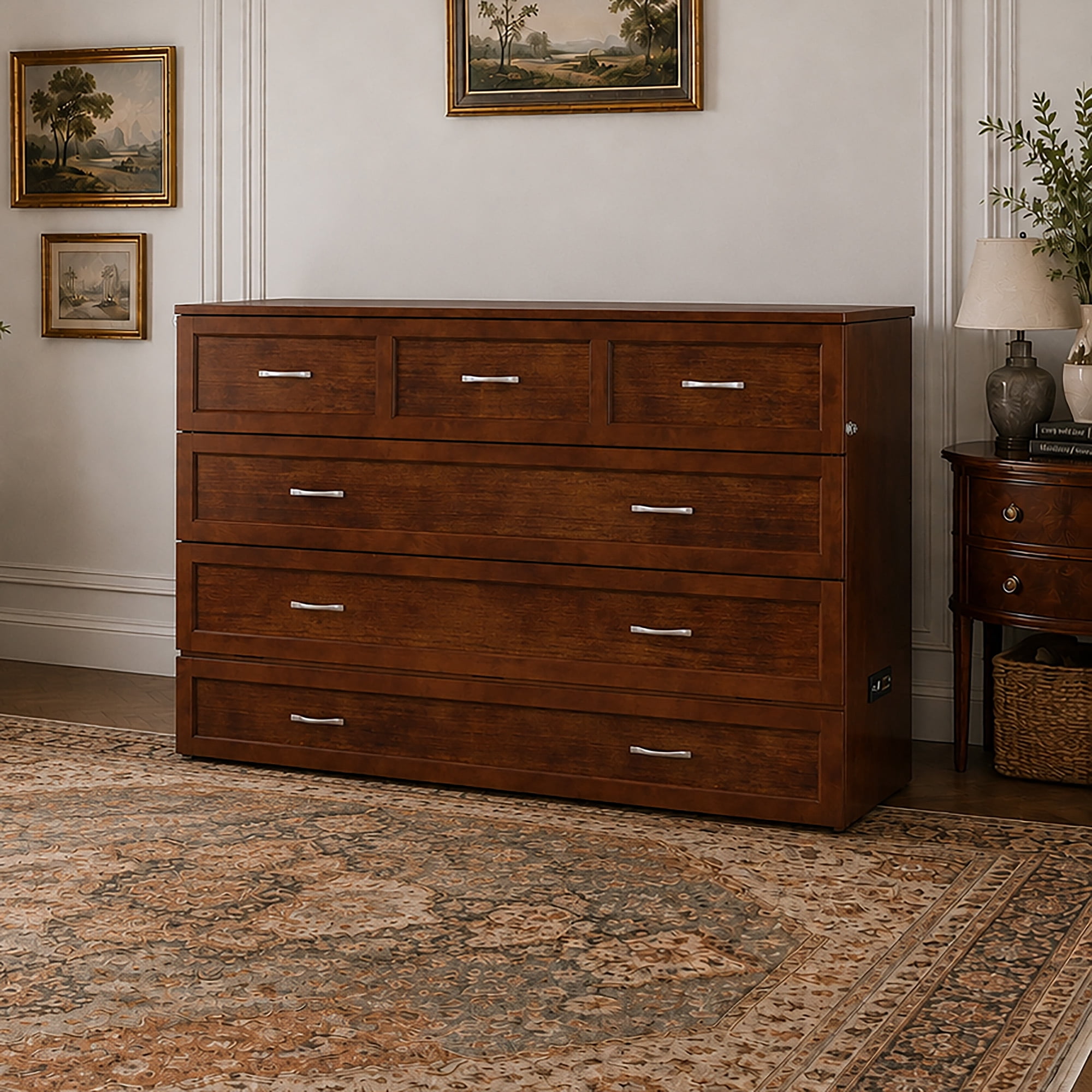 AFI Northfield Queen Solid Wood Murphy Bed Chest with Mattress, Drawer & Charger, Walnut
