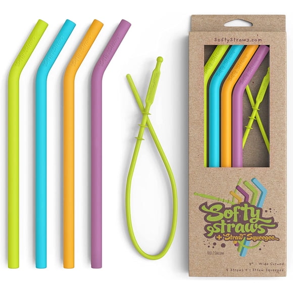 Pailles en Silicone Réutilisables Premium + Raclette Brevetée - 9” de Long avec Pliure Courbée pour Gobelets de 20/30/32oz - Sans BPA (Sans Caoutchouc), Flexibles, Pliables, Sûres pour Enfants / Tout-Petits