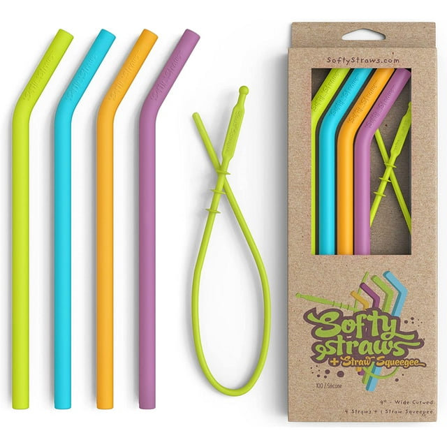 Pailles en Silicone Réutilisables Premium + Raclette Brevetée - 9” de Long avec Pliure Courbée pour Gobelets de 20/30/32oz - Sans BPA (Sans Caoutchouc), Flexibles, Pliables, Sûres pour Enfants / Tout-Petits