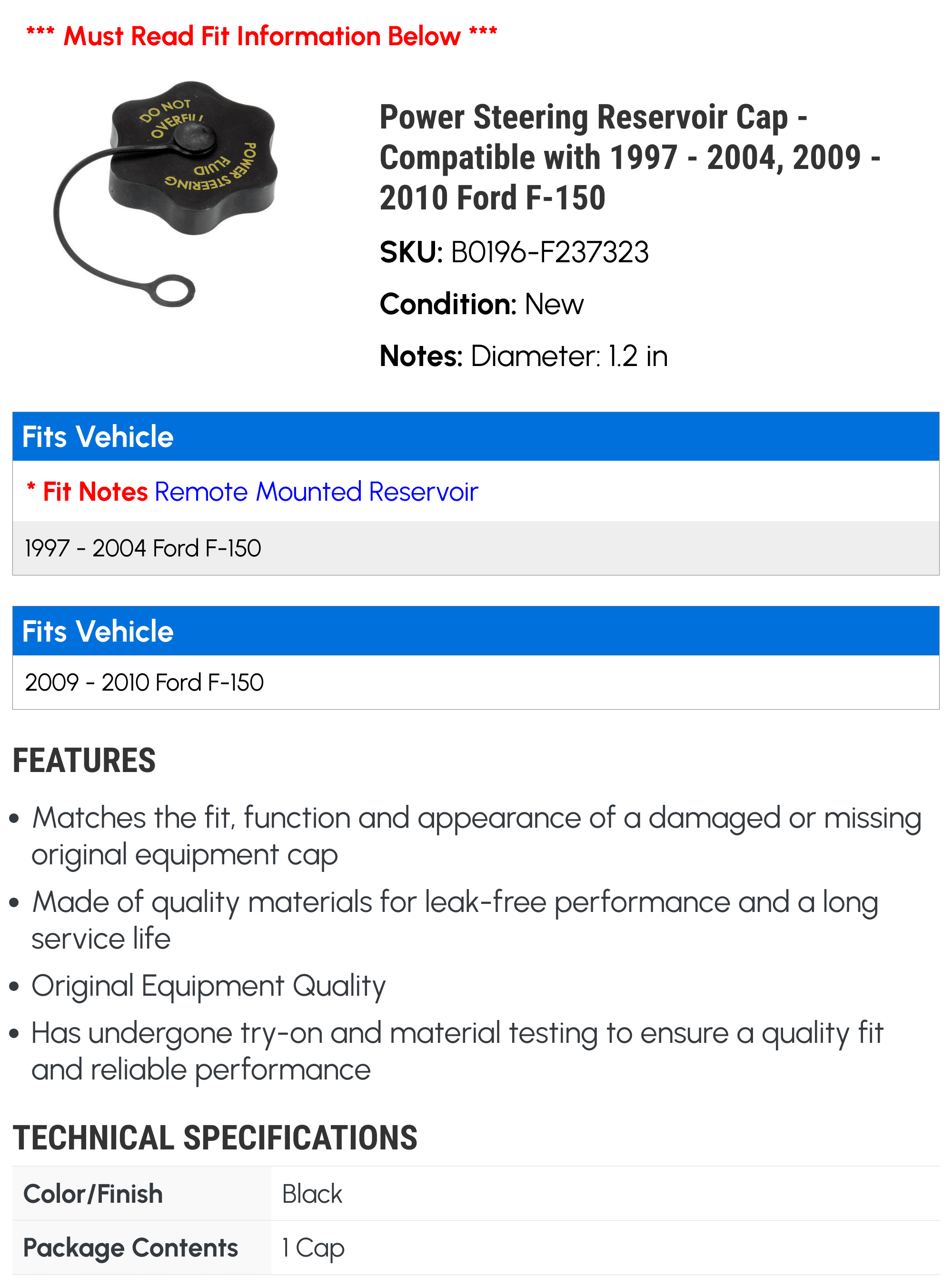 Power Steering Reservoir Cap - Compatible with 1997 - 2004, 2009 - 2010 Ford F-150 1998 1999 2000 2001 2002 2003