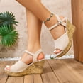 thumbnail image 4 of Rokment Women's Platform Wedge Dressy Sandals Trendy Casual Faux Wood Chunky High Heels Peep Toe Ankle Strap Summer Shoes for Daily Vacation Beige Size 6, 4 of 7