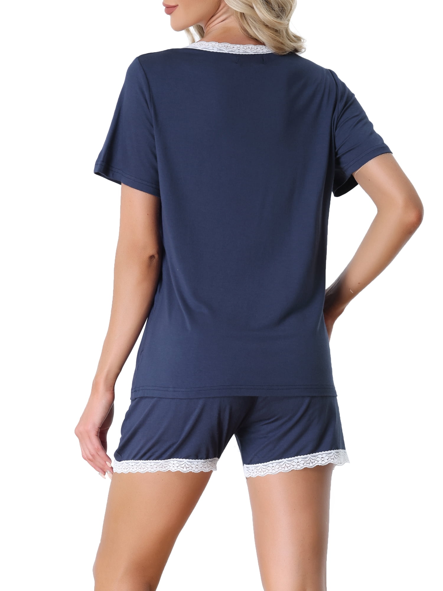 Unique Bargains Women's Sleepwear Lounge Soft Nightwear with Pockets Pajama Set M Blue