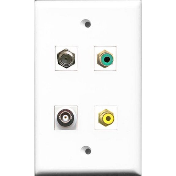 RiteAV 1 Port RCA Yellow and 1 Port RCA Green and 1 Port Coax Cable TV- F-Type and 1 Port BNC Wall Plate