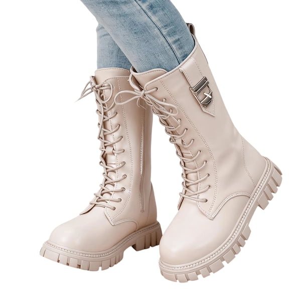 Krdevn Girls Mid‑Calf Boots, Fleece Lined Warm Winter Boots, Lace‑Up with Metal Buckle Decor Side Zipper Non‑Slip Fashion Boots,White