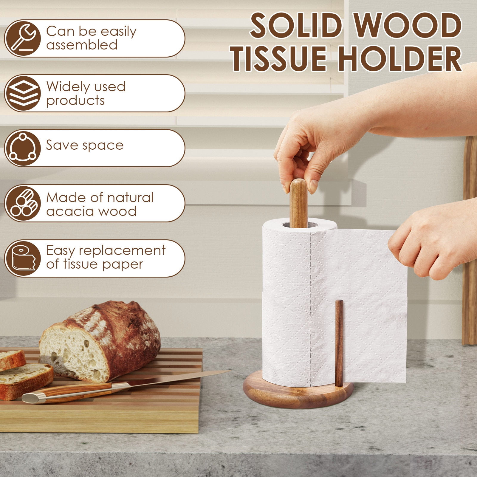 Wood Paper Towel Holder for Kitchen Countertop, Acacia Decorative Standing Farmhouse Paper Towel Roll Dispenser with Stable Non-Slip Base
