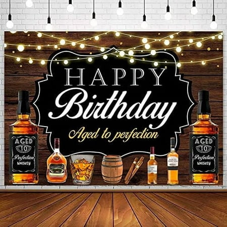 Image of Whiskey Birthday Backdrop Aged to Perfection Birthday Party Decorations Cigar Barrel Vintage Wooden Photography Background Whiskey Happy Birthday Banner Supplies Vinyl Photo Booth 7x5ft
