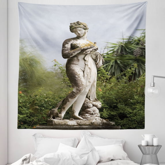 Architecture Tapestry, Sculptured Greenery on the Grounds of Achillion Palace Corfu Island, Fabric Wall Hanging Decor for Bedroom Living Room Dorm, 5 Sizes, Green Beige, by Ambesonne