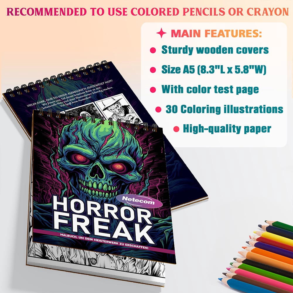 Netecom Horror Freak Coloring Book Spiral Bound For Adults, A5 Wooden Cover, 30 Macabre Coloring Pages of Haunted Scenes for Stress Relief and Relaxation