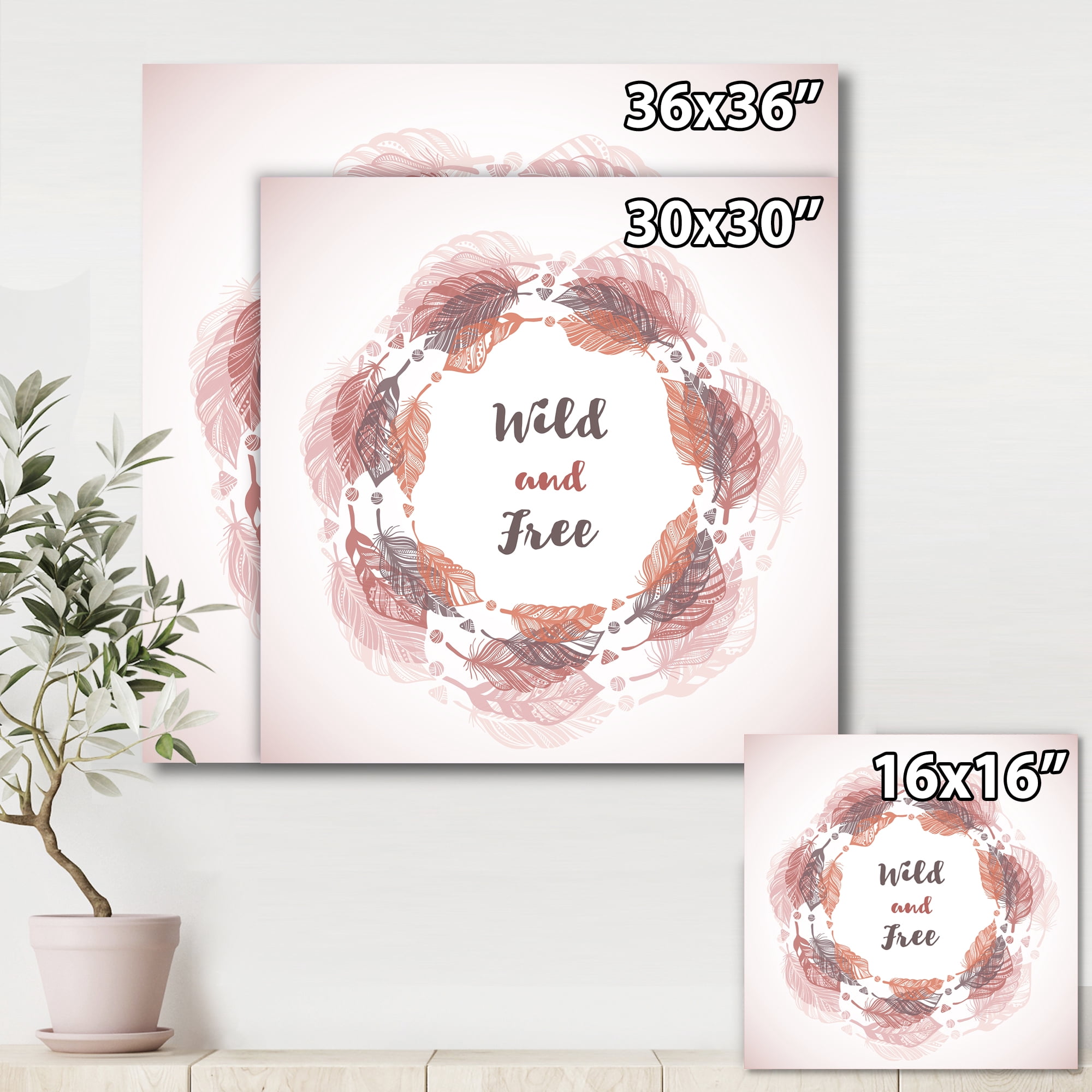 Designart ' Wild and Free Feather Wreath In Boho Style ' Bohemian & Eclectic Canvas Wall Art Print