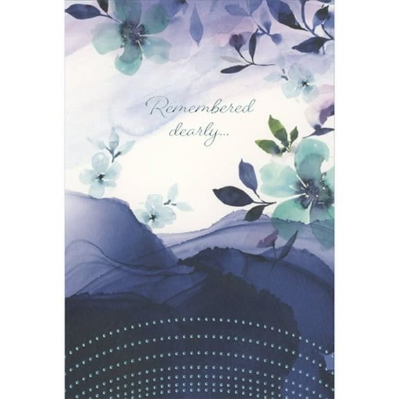 Pictura Flowing Dark Blue Watercolor Mountains and Green Flowers Sympathy Card