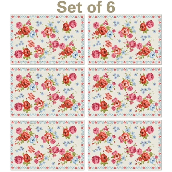 Linen Placemats Set Of 6 11.8x17.7 Inch,Pioneer Colorful Flowers Fabric Table Mats,Resistant Washable Wipeable Table Mat for Party Kitchen Dining Home Decor