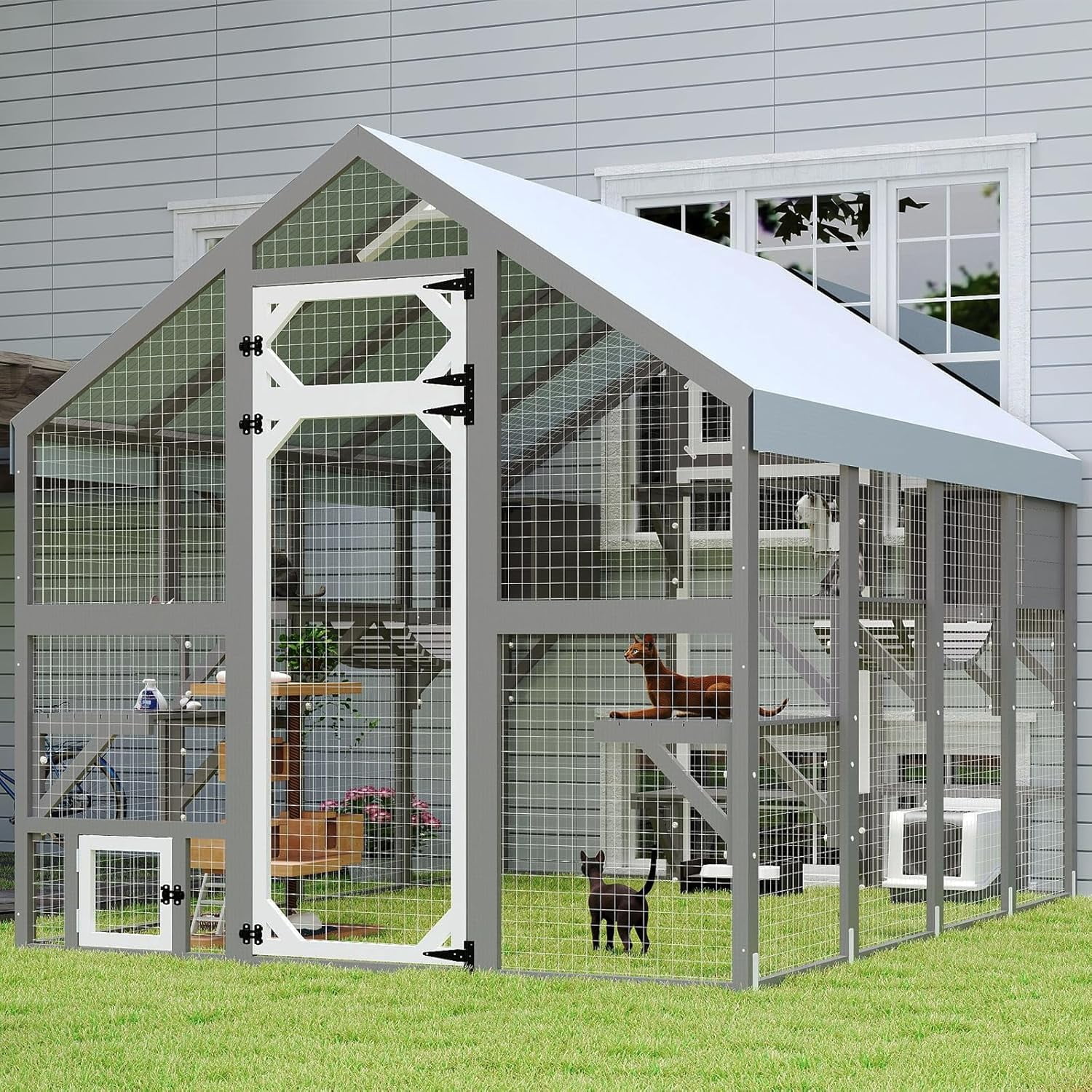 Gowoodhut Extra Large Catio Outdoor Cat Enclosure Waterproof, Walk-in Outdoor Pet House for Multiple Cats, Catio Cat Run Cage with Bridges, Weatherproof Full Cover, 8 Platforms, 2 Resting Box