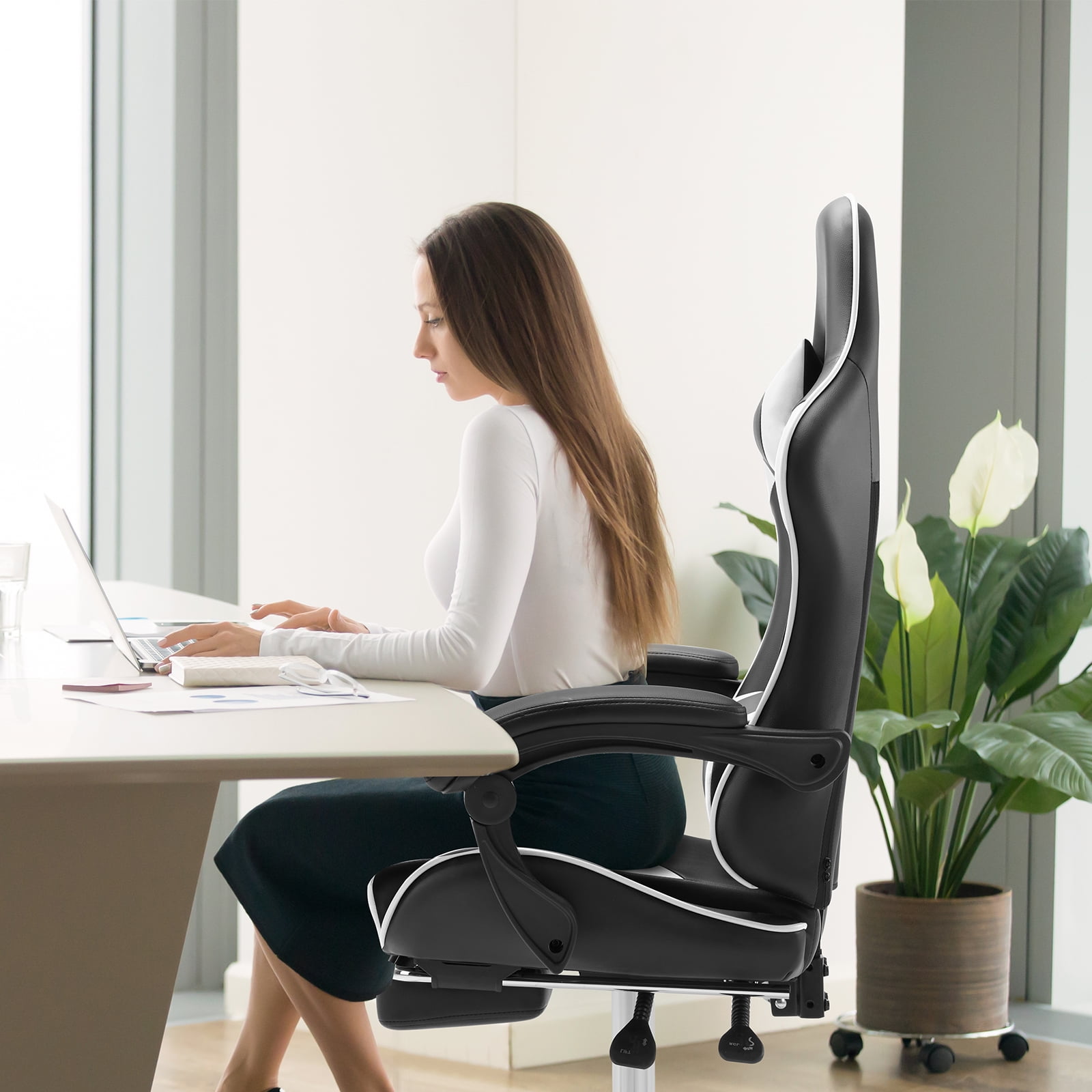 CONCETTA Computer Chair with Footrest and Lumbar Support, Home Offfice Chair, Black and White