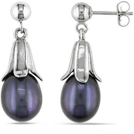 7-8mm Black Cultured Freshwater Pearl 14kt White Gold Tulip Drop Earrings