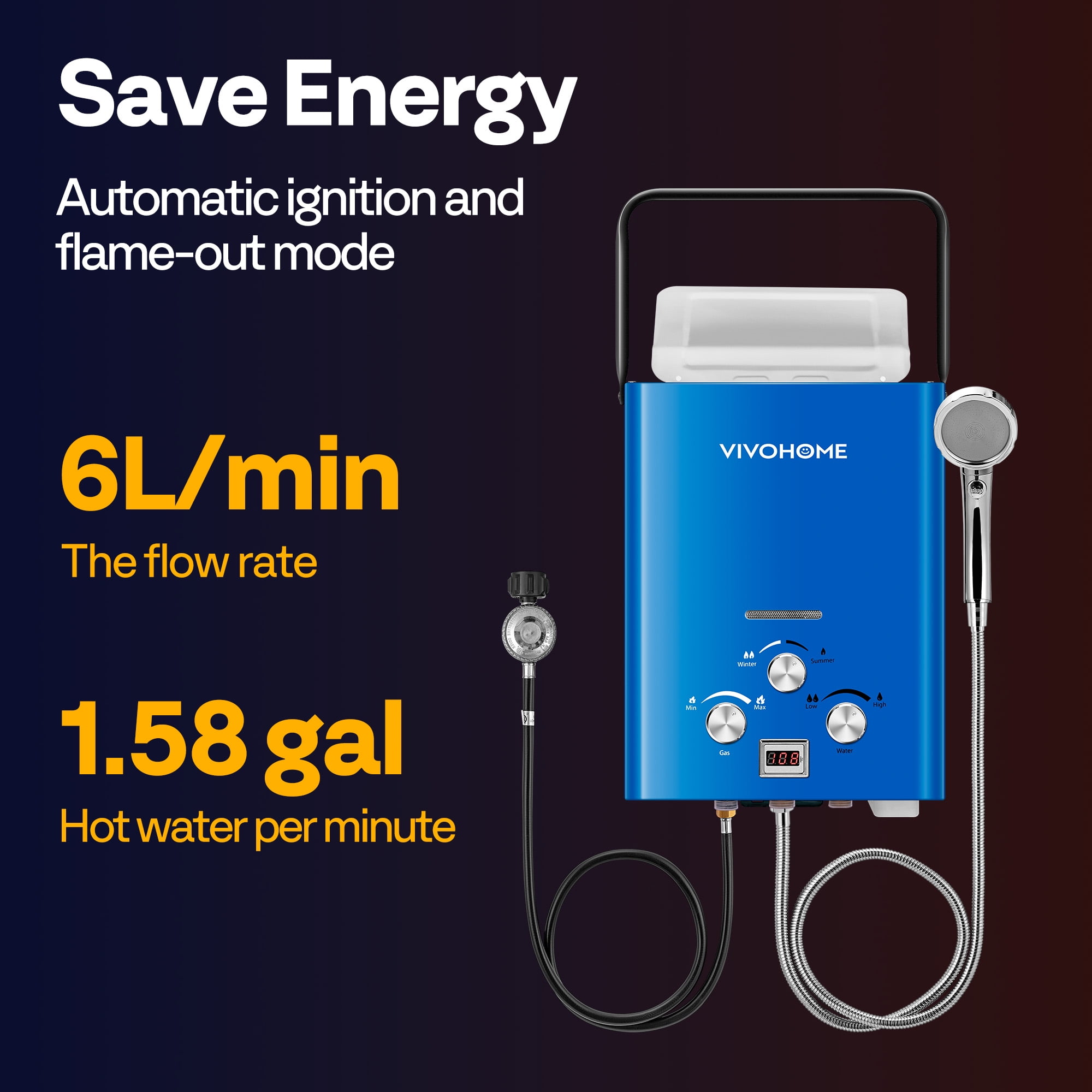 VIVOHOME Portable Propane Tankless Water Heater, 1.6GPM 6L Tankless Instant Hot Water Heater with Digital Display for Home RV Camping Use，Blue