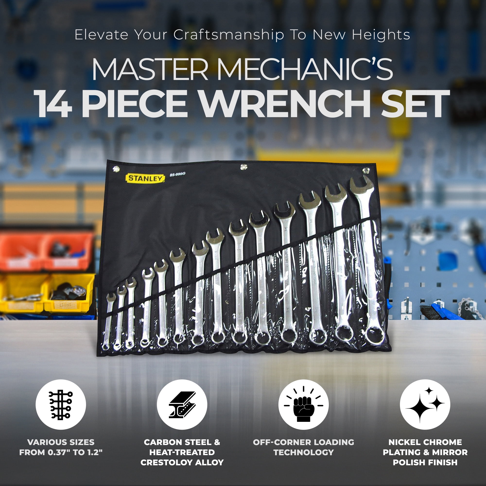Master Mechanic 14 Piece Chrome Plated Finish SAE Combination Wrench Set