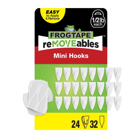 FrogTape reMOVEables Mini White Hooks, 24 Hooks and 32 Adhesive Strips