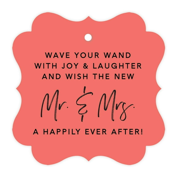 Koyal Wholesale Deep Coral Fancy Frame Wedding Ribbon Wand Favor Tags, Wave Your Wand With Joy & Laughter, 96-Pack