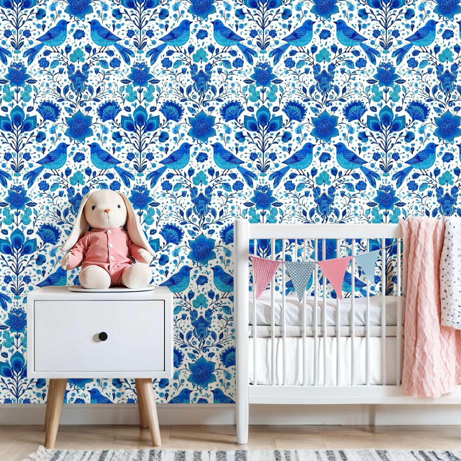 Farmhouse Peel and Stick Wallpaper 23.6in x 9.8ft Blue Birds Floral Folk Art Style Contact Paper Vinyl Self-Adhesive Removable Wall Paper for Bedroom Kitchen Cabinet Renter Friendly