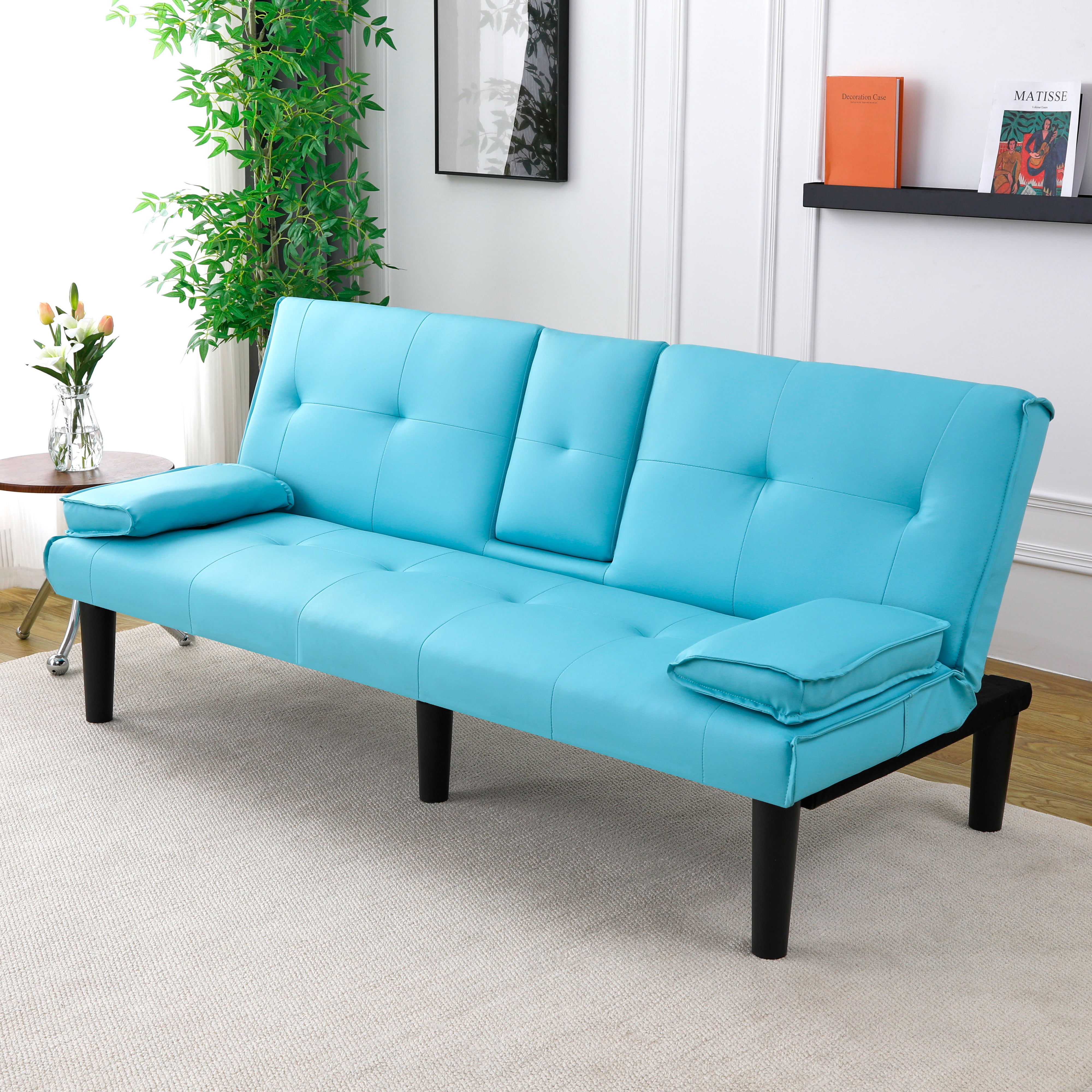 BSHTI 67-inch Foldable Futon Sleeper with S-Spring Support, 2-Seater Convertible Sofa Bed, PVC Faux Leather, Simple Assembly, Blue