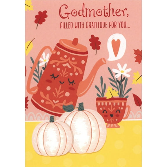 Designer Greetings Teapot and Teacup with Faces on Peach Background Juvenile Thanksgiving Card for Godmother