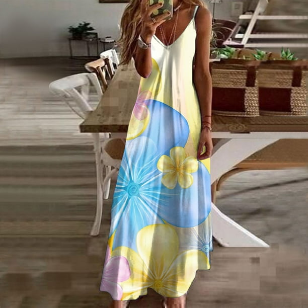 WILLBEST Vestidos Floreados para Mujer, Vestido Largo Sexi de Verano con Escote En V y Tirantes, Vestido Playero Estampado A La Moda para Vacaciones Mediana