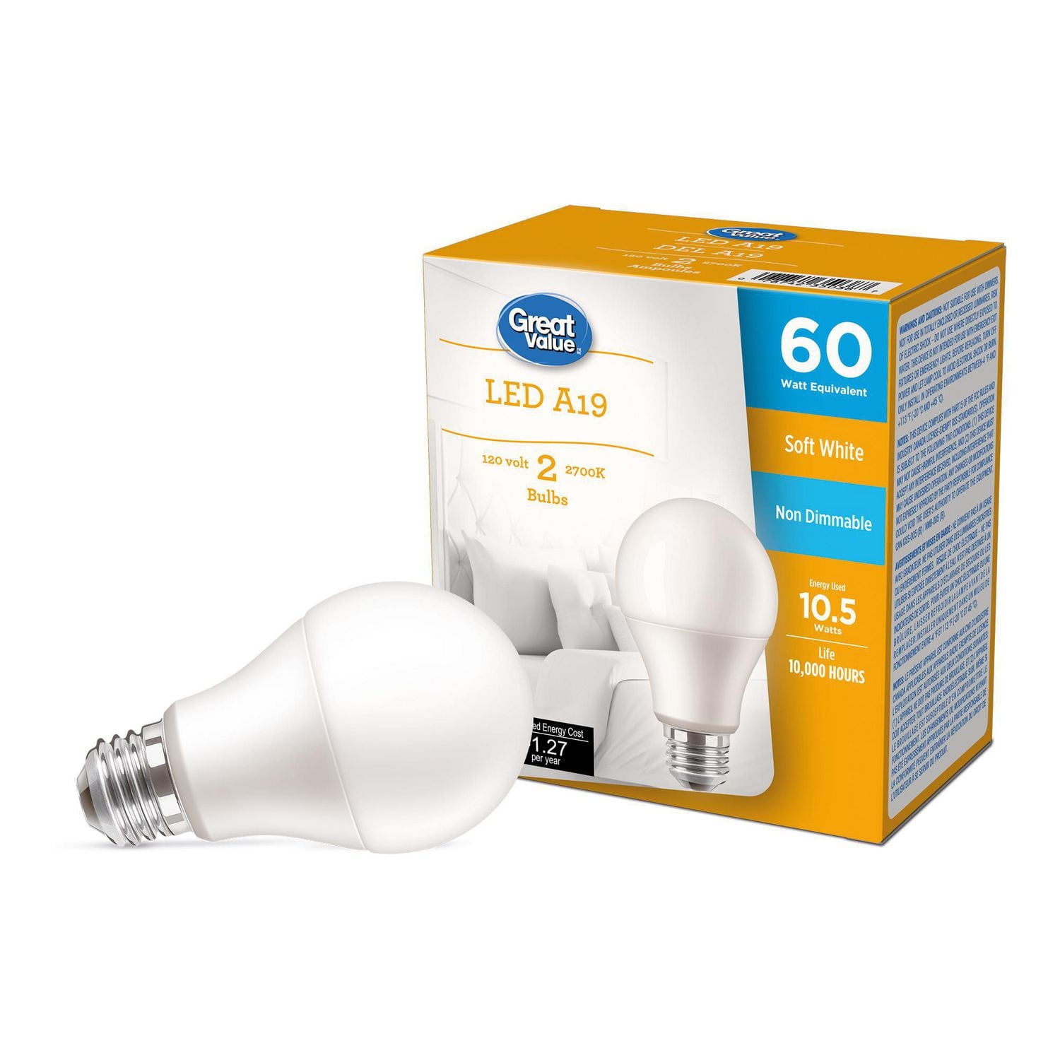 Great Value 60W A19 Soft White LED bulbs 2-pack, GV LED A19