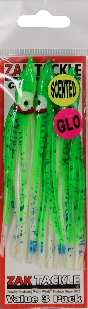 Zak Tackle Challenger Squid Trolling Fishing Lure, Green Glo, Scented, 4  1/2”, 3-pack, Soft Baits