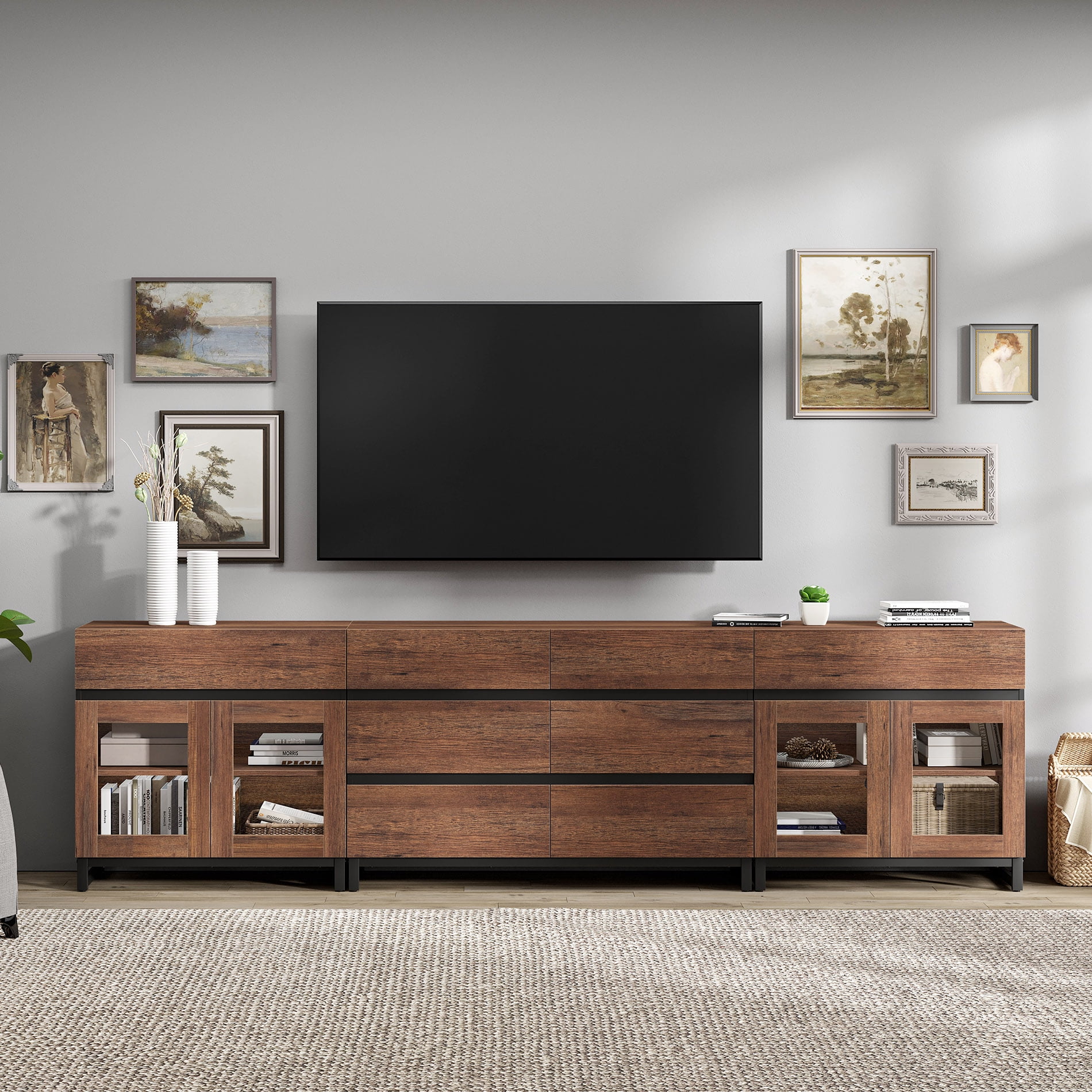 3 in 1 TV Stand for TVs up to 120 Inch, Modern Brown Entertainment Center with Glass Doors, 8 Drawers and Adjustable Shelf,Brown