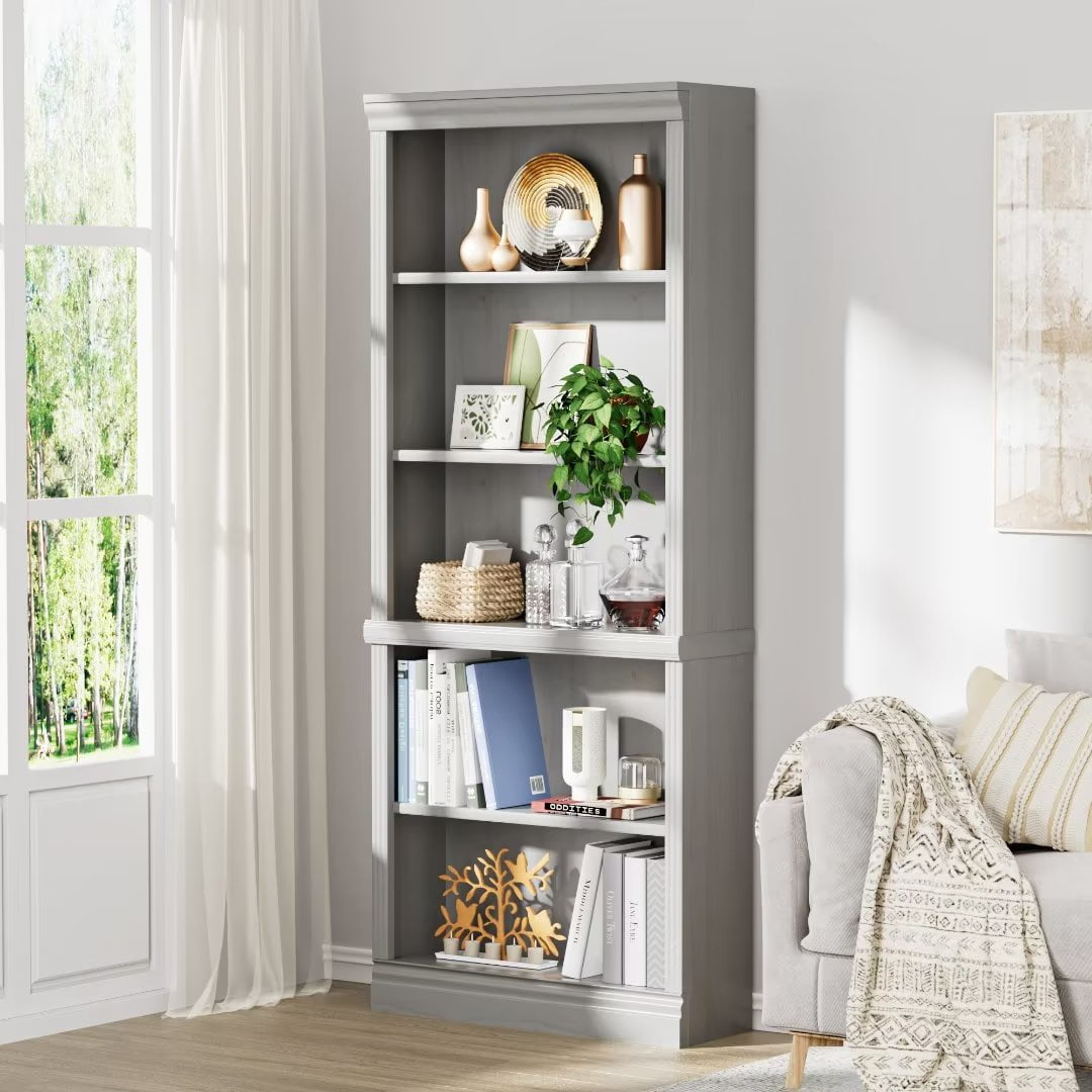 Vineego Wood Bookcase Tall Book Shelves 5 Display storage Organization Furniture for Living Room,Ivory White