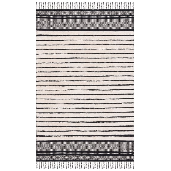 SAFAVIEH Kilim Collection Area Rug - 5' x 8', Ivory & Black, Boho Stripe Braided Tassel Design, Handmade Cotton, Ideal for The Living Room, Bedroom, Dining Room KLC401A-5