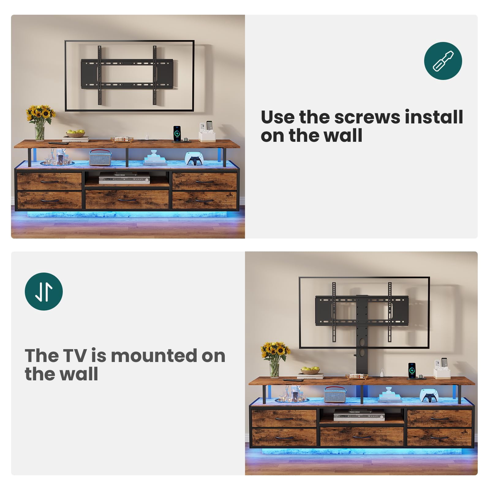 Afuhokles TV Stand with Mount for 32/55/65/70 inch TVs with Power Outlets and Storage, Entertainment Center with Storage for Living Room, Rustic Brown