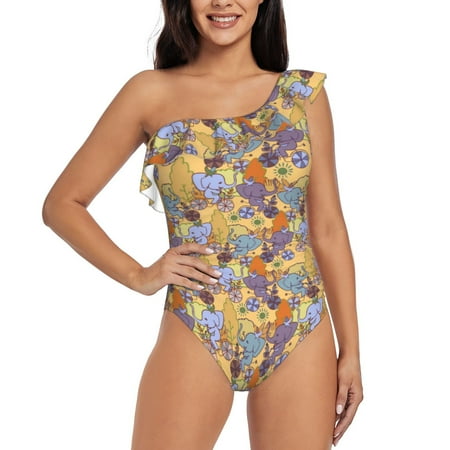 Lukts Cycling Elephant On Bicycle In Park Women One Piece Swimsuits Tummy Control One Shoulder Bathing Suits Ruffle Swimwear-XX-Large