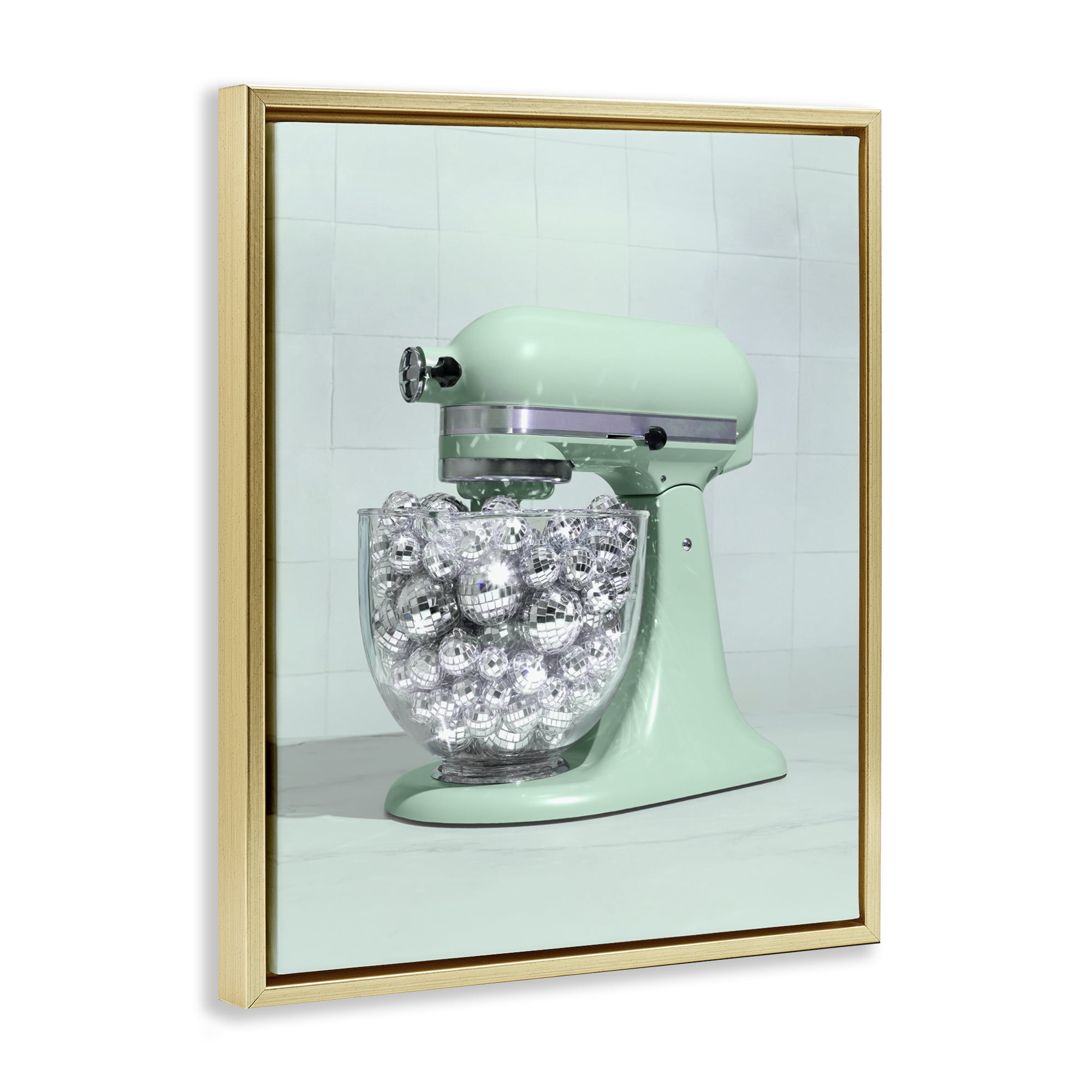 Stupell Industries Disco Kitchen Mixer over Green Gold Framed Floater Canvas Wall Art, design by LISH Creative
