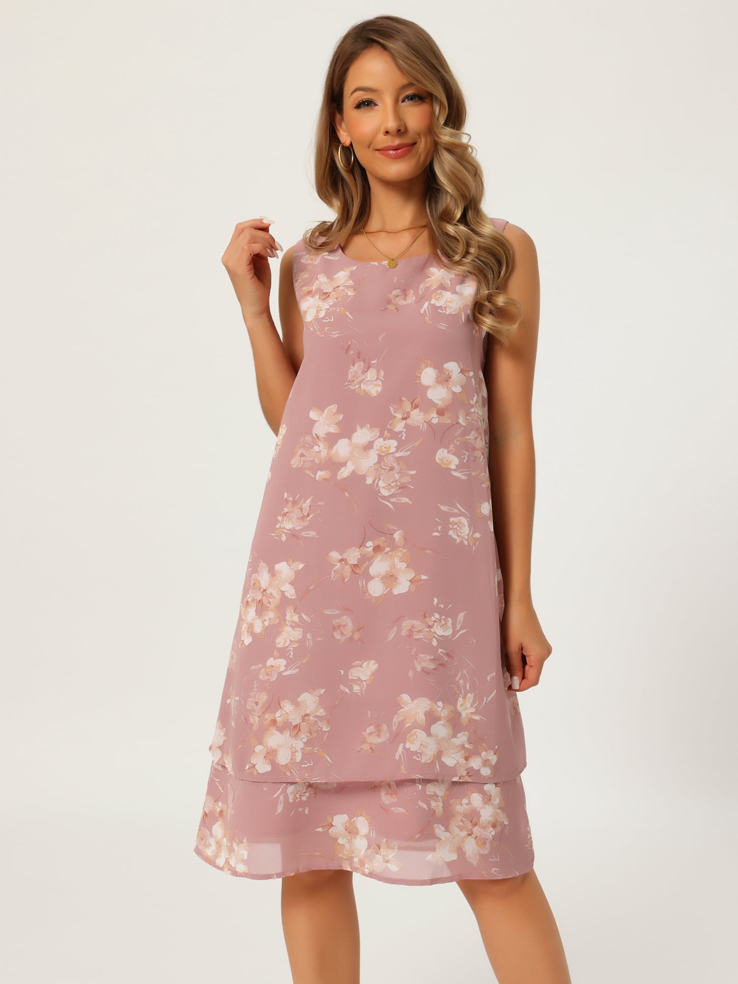 DARING DIVA Women's Chiffon Sleeveless Floral Tiered Flowy Sundress L Dusty Pink