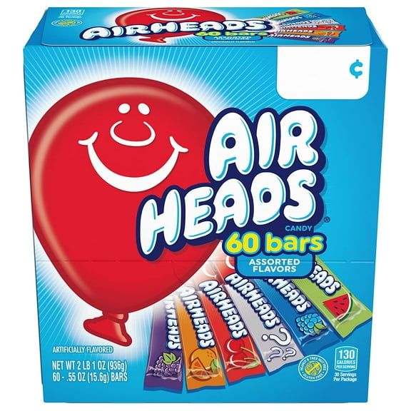 Airheads Candy Bars, Variety Stocking Stuffers Bulk Box, Chewy Full Size Fruit Taffy, Gifts, Back to School for Kids, Non Melting, Party 60 Count (Packaging May Vary)