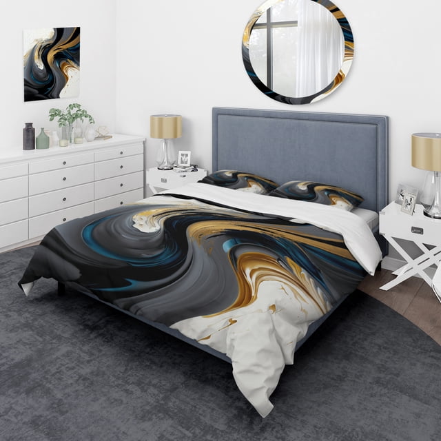 Designart "Monochrome and Gold Liquid Blend IV" Modern Bedding Covert Set - Abstract Liquid Ink Black Abstract Bed Set With 1 Sham