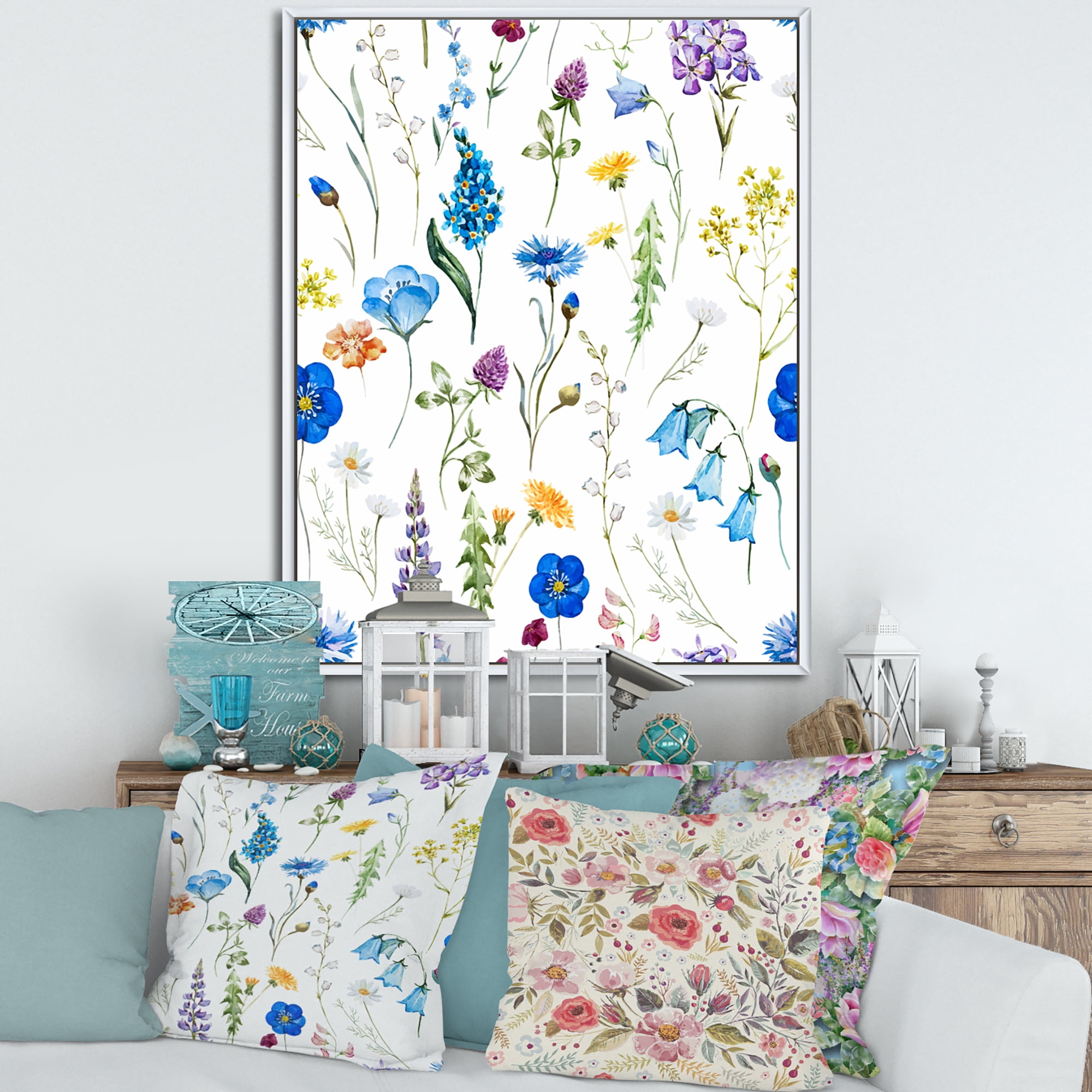 Designart 'Blue Wildflowers With Leaves I' Traditional Framed Canvas Wall Art Print